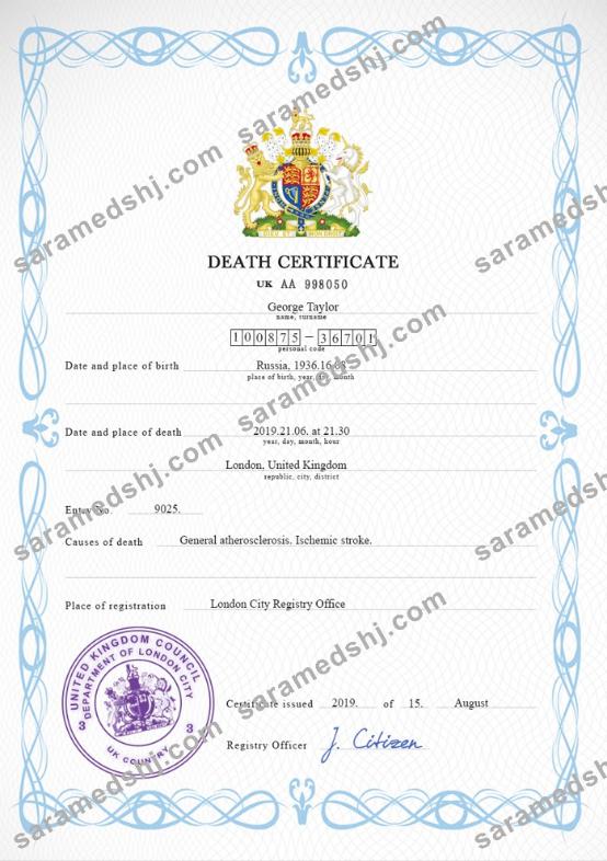 United Kingdom death certificate PSD template, completely editable